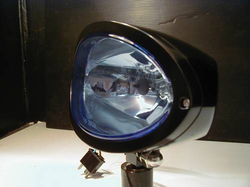 IOWA HEADLIGHT, BLACK WITH BLUE LENS<br/>BOTTOM MOUNT, H 4 BULB WITH E-MARK  