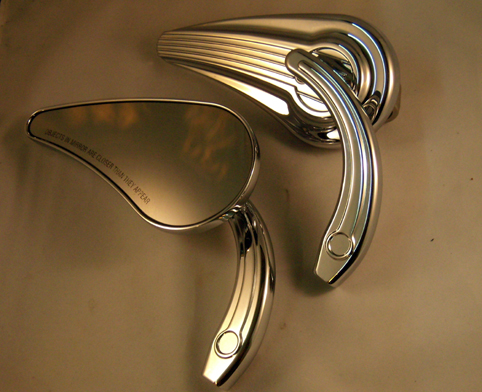 CAUDAL FIN MIRROR FOR H-D, PAIR, CHROME<br/>Spiegel fr H-D Modelle, Verchromt, Paar  